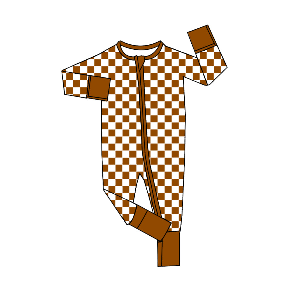 Pre-order Baby Girl Infant Long Sleeves Brown Checkered Zipper Romper