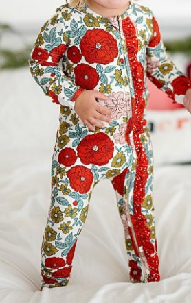 Pre-order Baby Girl Long Sleeves Red Flowers Zipper Romper