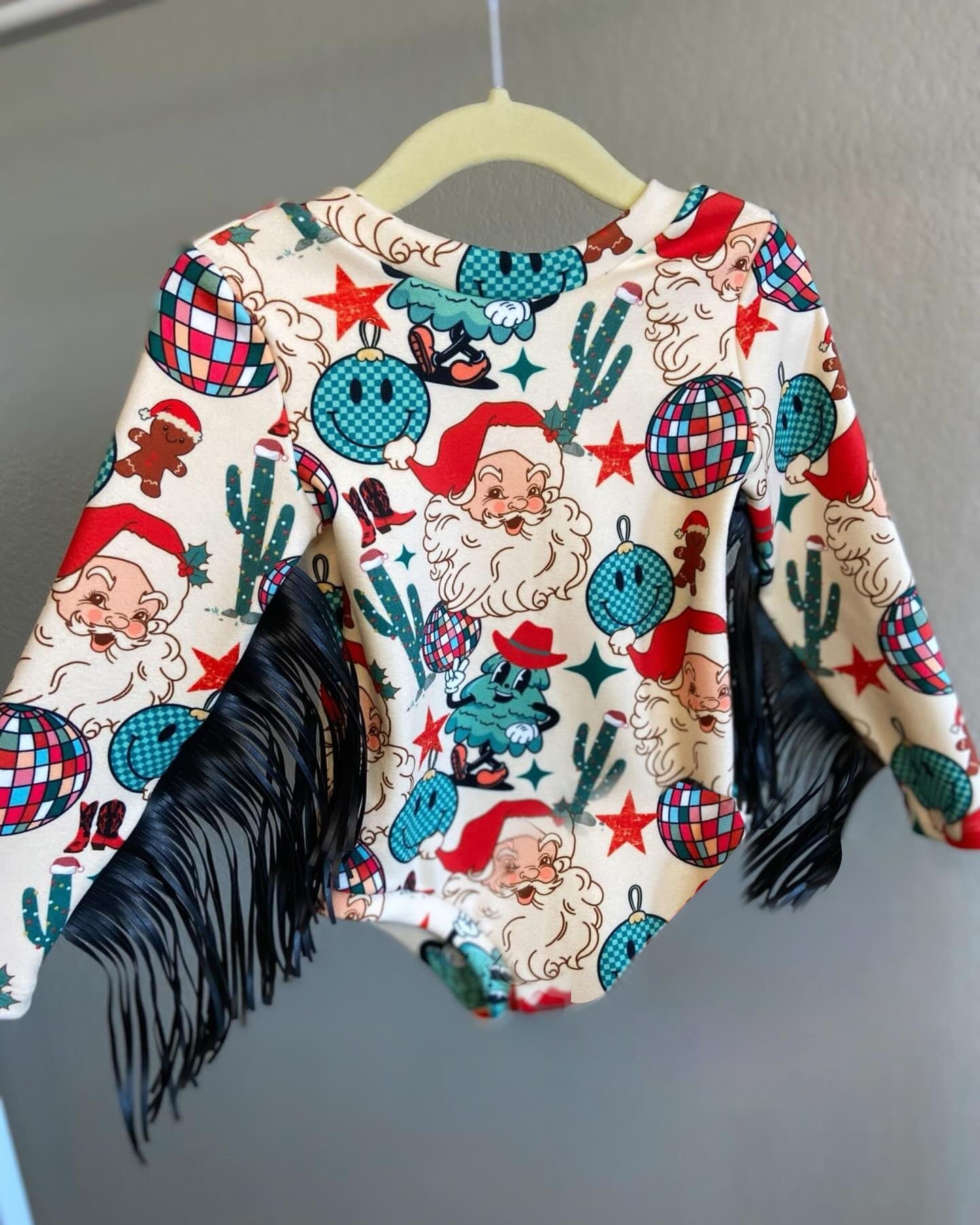Pre-order Baby Girl Infant Long Sleeves Christmas Santa Cactus Smile Tassels Bubble Romper
