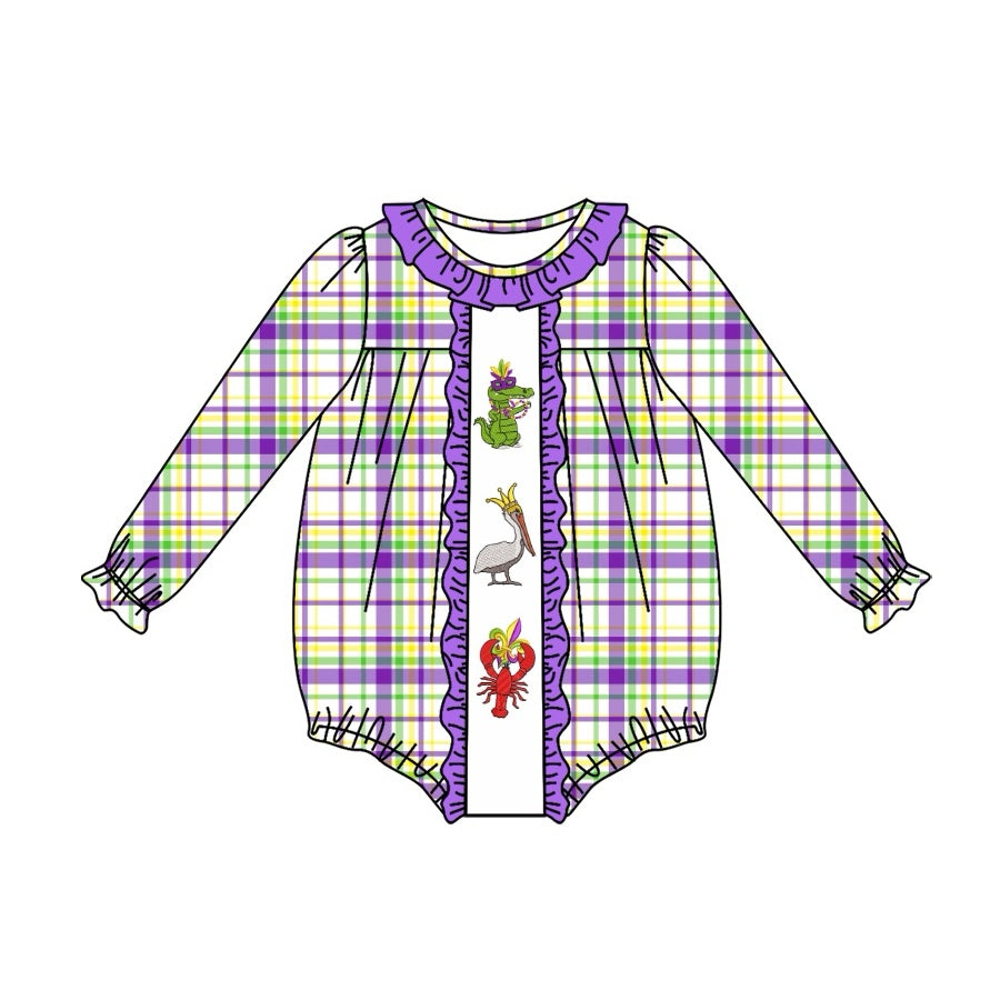 Pre-order Baby Girl Infant Long Sleeves Mardi Gras Checkered Crawfish Bubble Romper