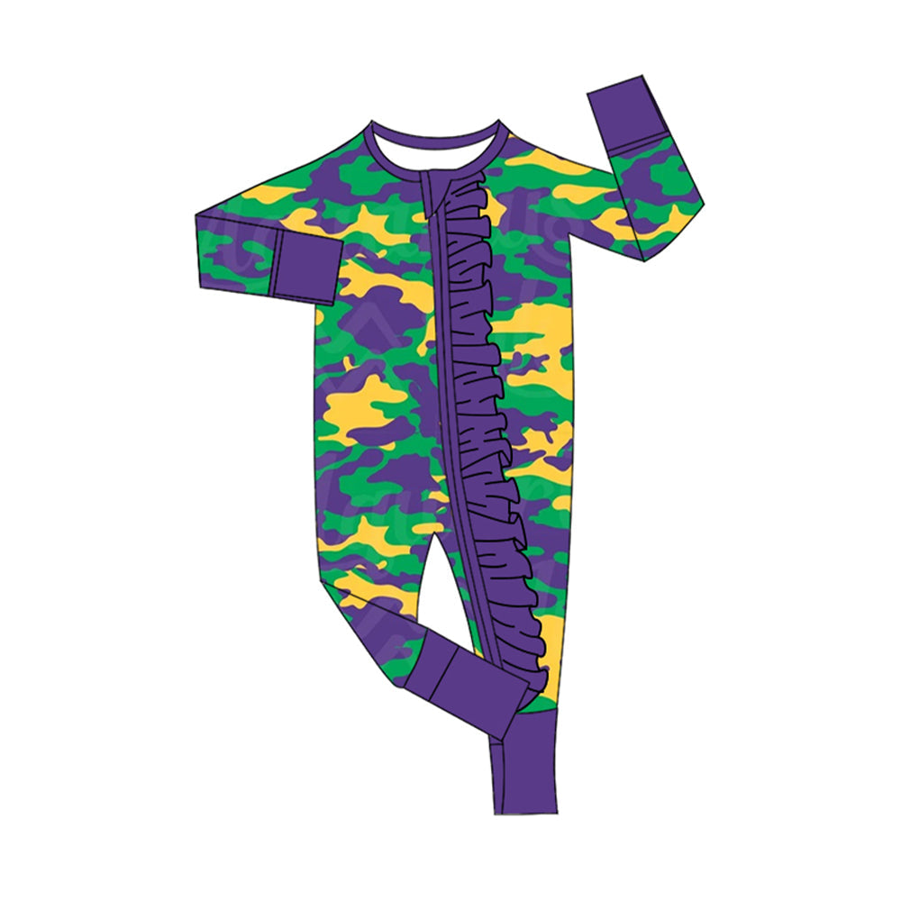 Pre-order Baby Girl Infant Mardi Gras Camo Ruffle Zipper Romper