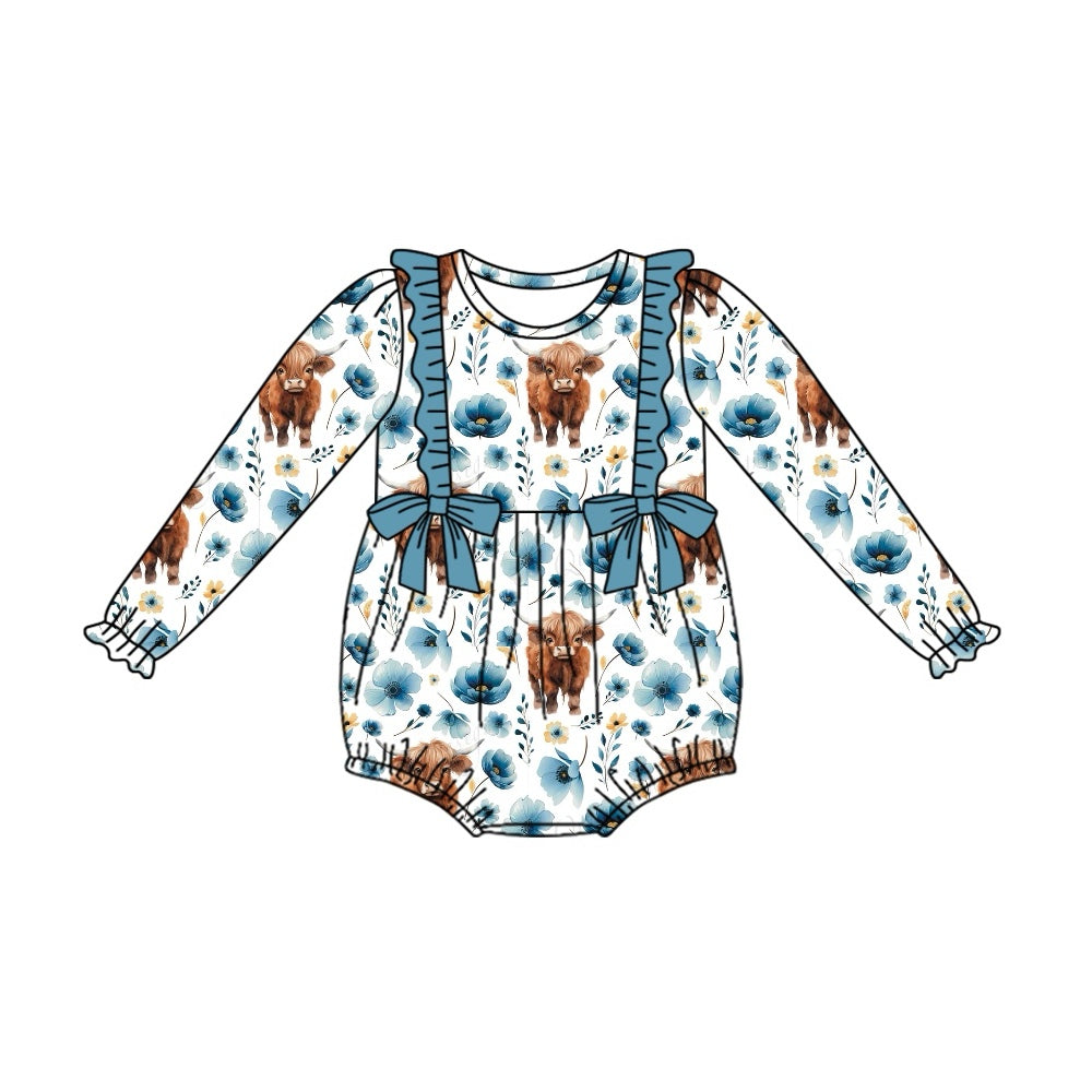 Pre-order Baby Girl Infant Western Cow Flower Blue Bows Bubble Romper