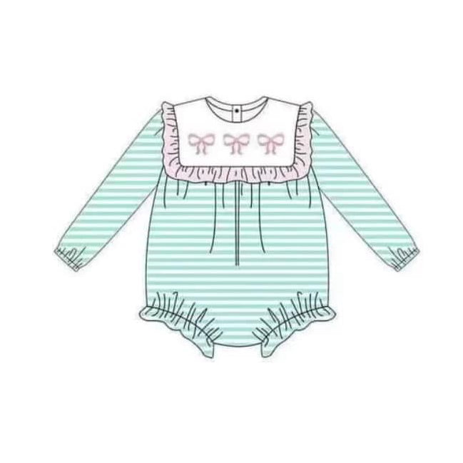 Pre-order Baby Girl Infant Green Stripes Bows Bubble Romper