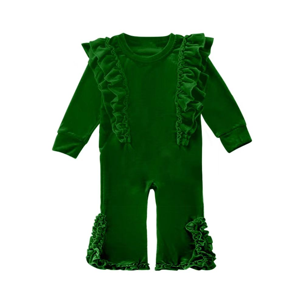 Pre-order Baby Girl Long Sleeves Green Velvet Christmas Romper