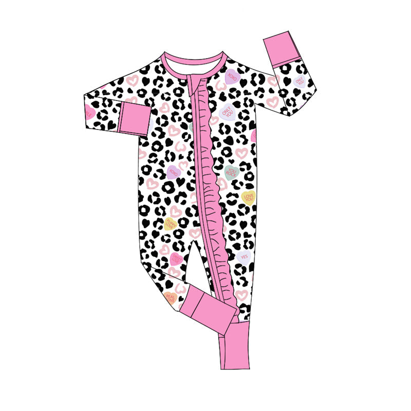 Pre-order Baby Girl Infant Valentines Leopard Hearts Ruffle Zipper Romper