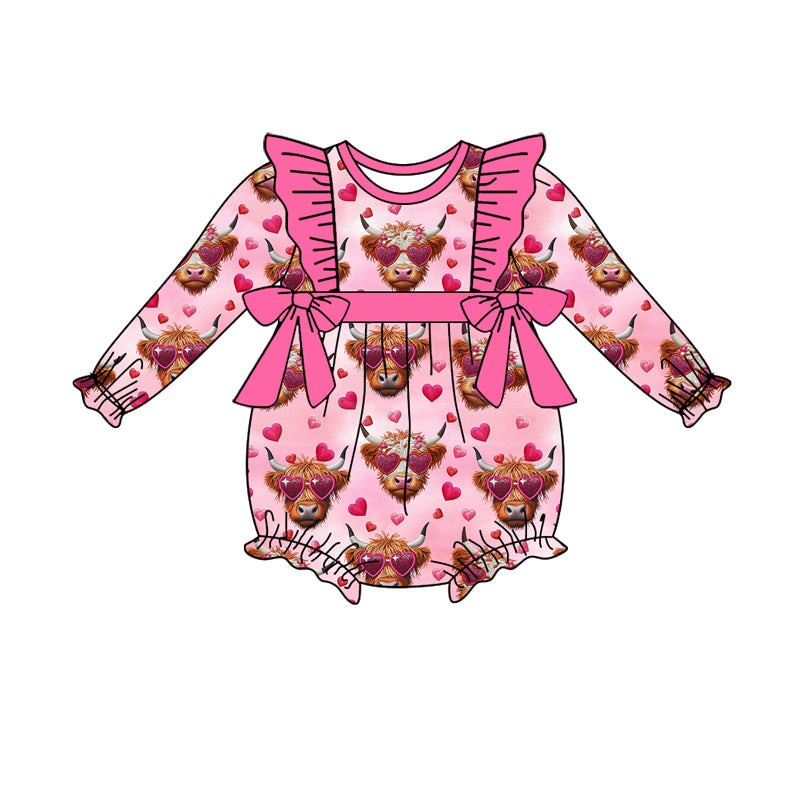 Pre-order Baby Girl Infant Valentines Cow Hearts Bows Bubble Romper