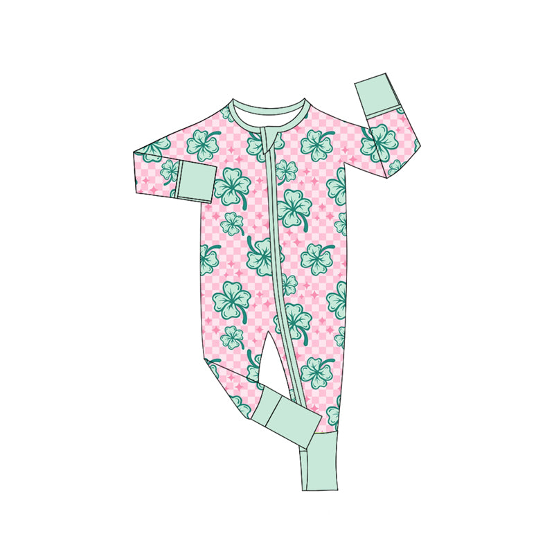 Pre-order Baby Girl Infant St Patrick Clover Checkered Zipper Romper