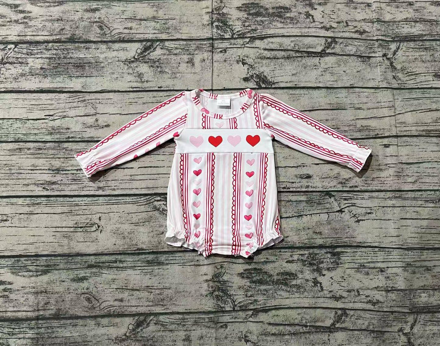 Baby Girl Infant Long Sleeves Valentines Hearts Stripes Bubble Romper