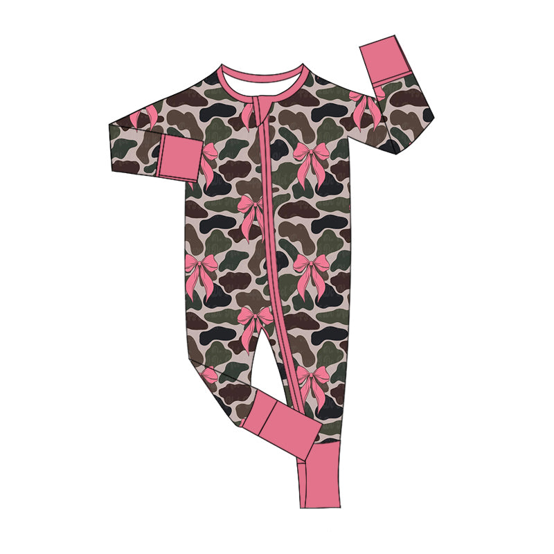 Preorder Baby Girl Long Sleeves Pink Bows Camo Zipper Romper