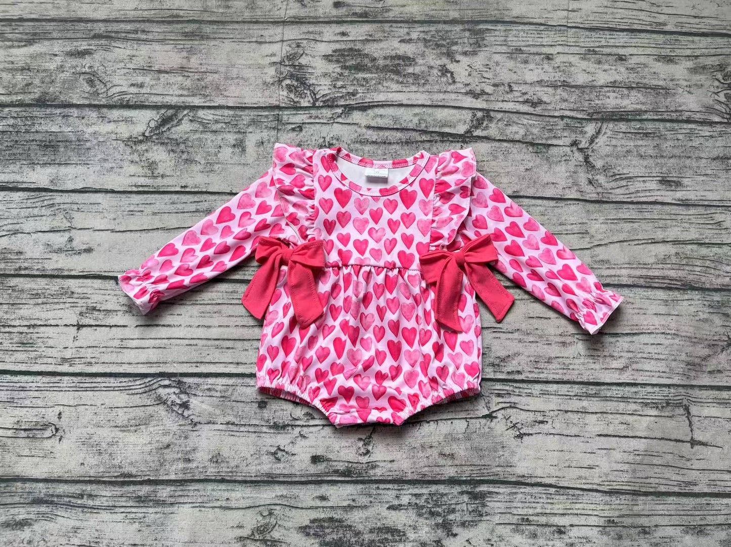 Baby Girl Infant Long Sleeves Hearts Bows Valentines Bubble Romper