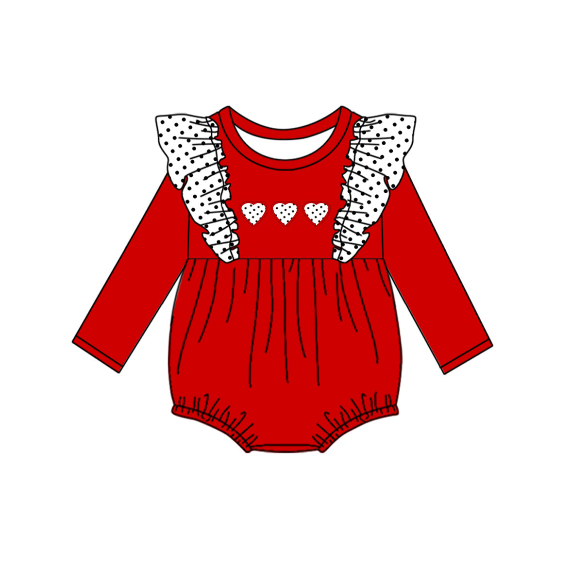 Preorder Baby Girl Infant Valentines Hearts Ruffle Red Bubble Romper