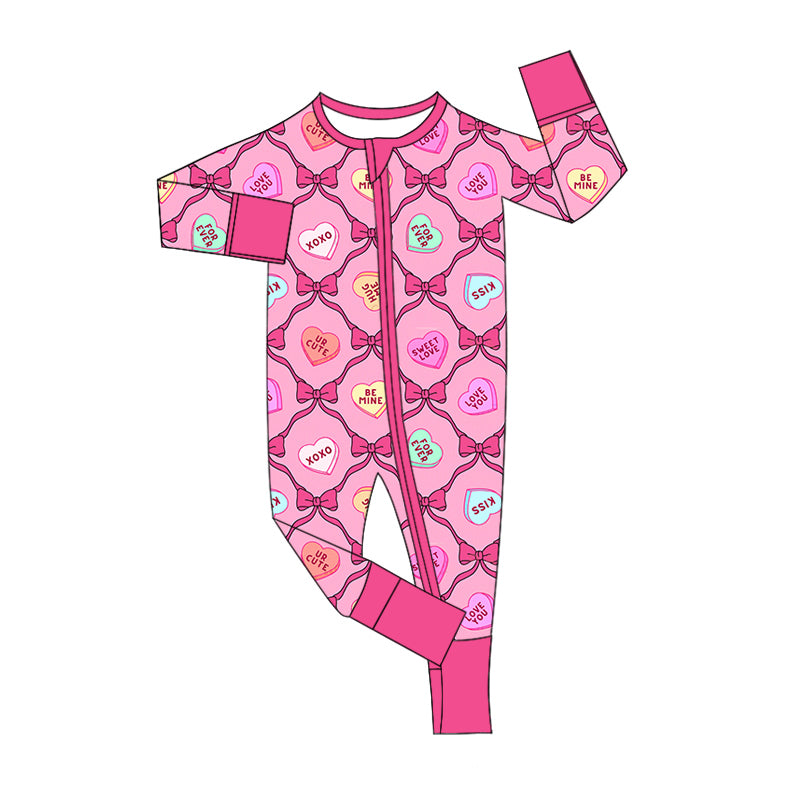 Preorder Baby Girl Infant Long Sleeves Valentines Hearts Bows Zipper Pink Romper