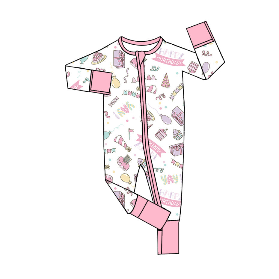 Preorder Baby Girl Infant Long Sleeves Pink Happy Birthday Zipper Romper