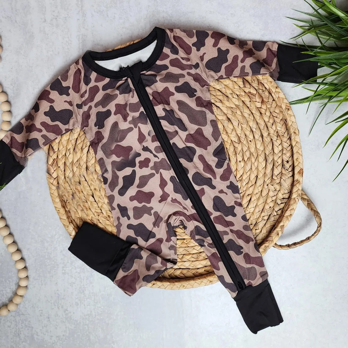 Preorder Baby Boy Infant Long Sleeves Brown Black Camouflage Zipper Romper