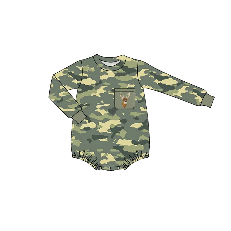 Preorder Baby Boy Infant Long Sleeves Green Camo Deer Bubble Romper Clothes
