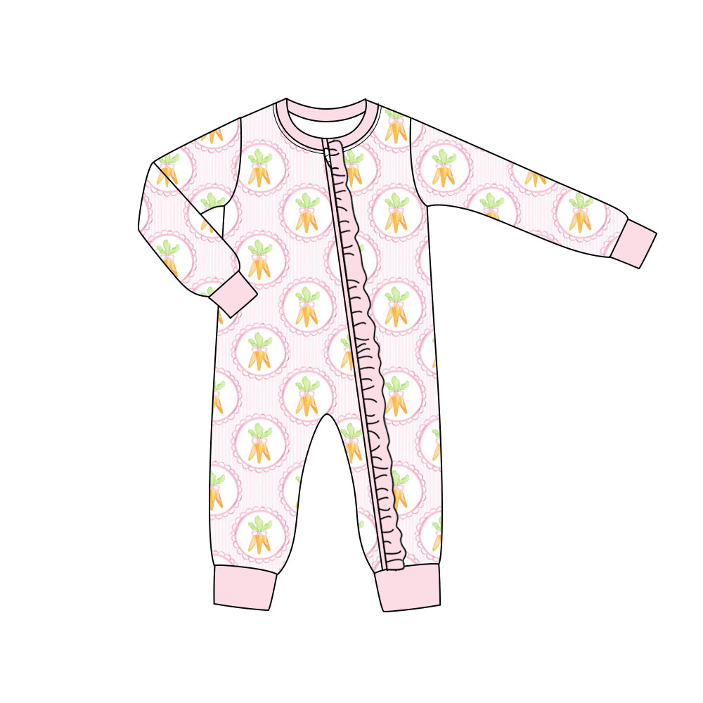 Preorder Baby Girl Long Sleeves Easter Carrots Zipper Pink Romper ( Moq 5 )