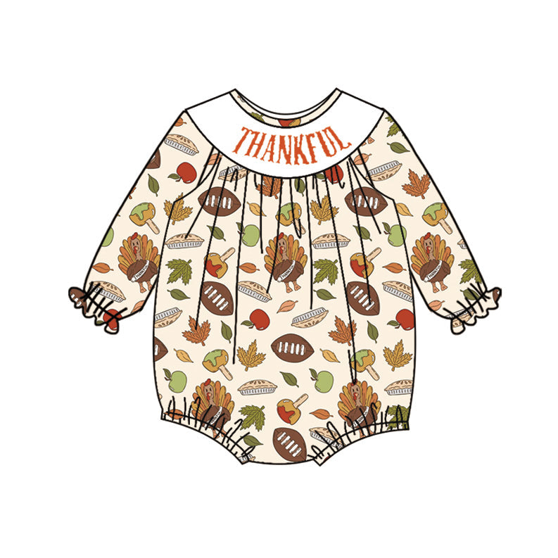 Preorder Baby Girl Long Sleeves Thankful turkey Football Bubble Romper ( Moq 5 )