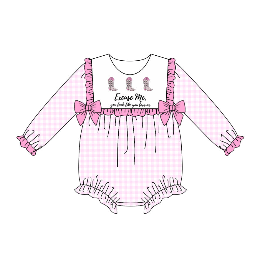 Baby Girl Infant Long Sleeves Western Boots Bows Pink Plaid Romper RTS