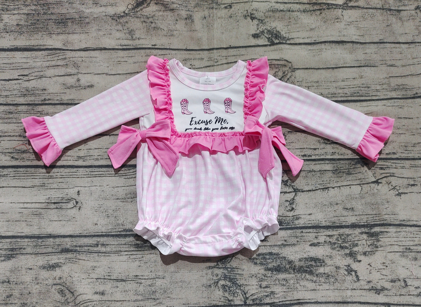 Baby Girl Infant Long Sleeves Western Boots Bows Pink Plaid Romper RTS