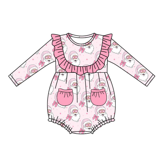 ( Moq 5 ) Preorder Baby Infant Girl Long Sleeves Santa Pockets Pink Ruffle Romper