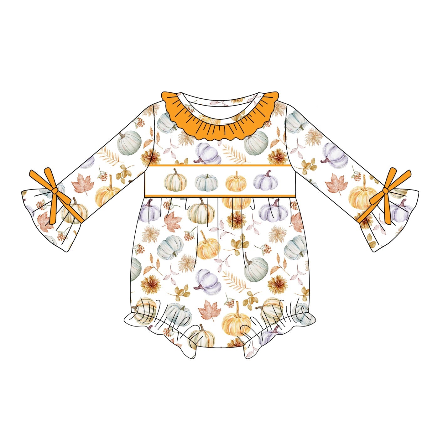 ( Moq 5 ) Preorder Baby Girl Long Sleeves Pumpkins Flower Bubble Romper