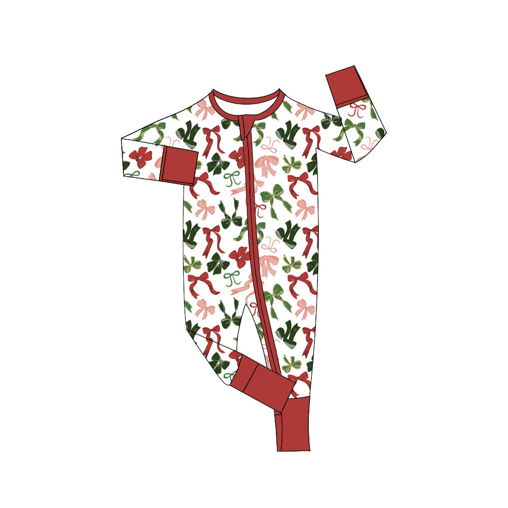 Baby Kids Girl Long Sleeves Red Green Bows Zipper Pants Romper RTS