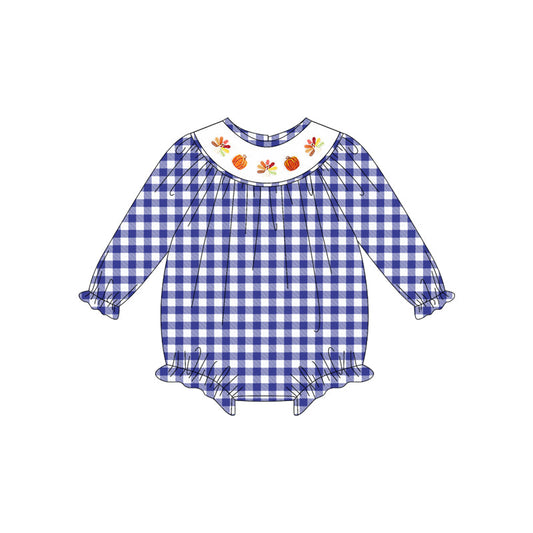 ( Moq 5 ) Preorder Baby Girl Long Sleeves Blue Plaid Smocked turkey Pumpkins Thanksgiving Romper