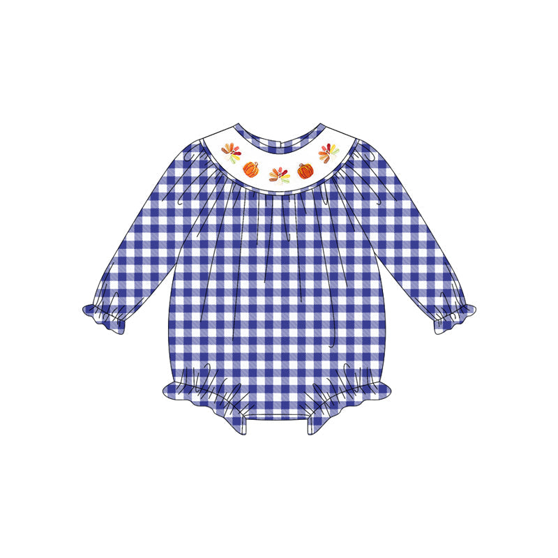 ( Moq 5 ) Preorder Baby Girl Long Sleeves Blue Plaid Smocked turkey Pumpkins Thanksgiving Romper