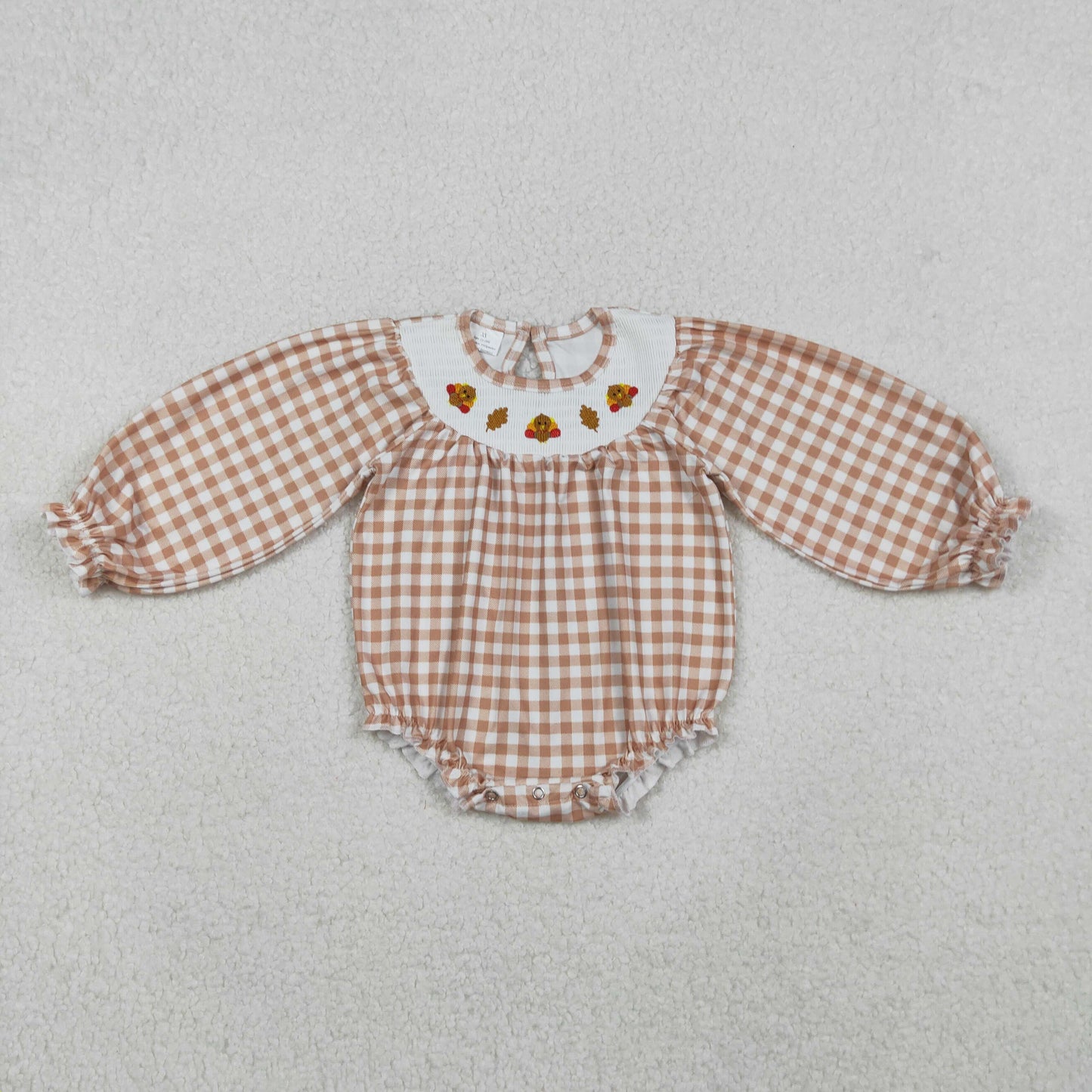 Sibling Baby Girls Long Sleeves Plaid Smocked Embroidery turkey Thanksgiving Romper RTS