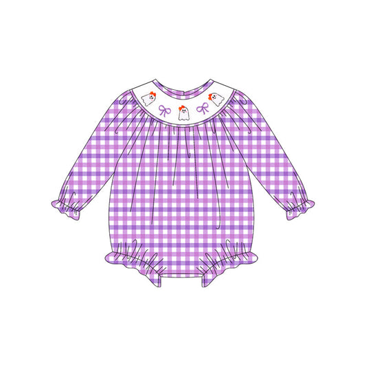 ( Moq 5 ) Preorder Baby Girl Long Sleeves Purple Plaid Smocked Bows Ghosts Halloween Romper
