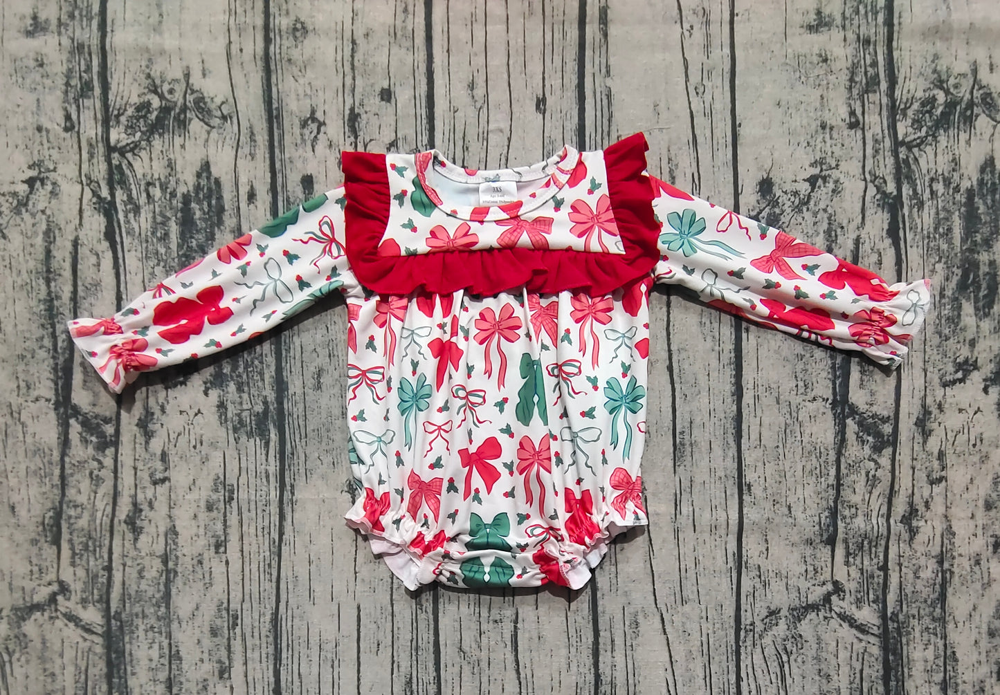 Baby Girl Long Sleeves Red Green Bows Christmas Bubble Romper RTS