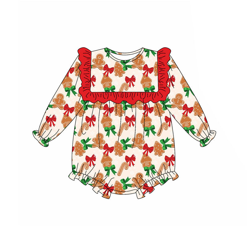 ( Moq 5 ) Preorder Baby Girl Long Sleeves Bows Gingerbread Christmas Bubble Romper