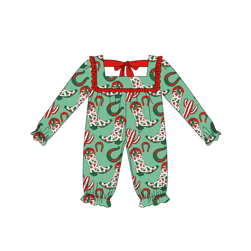 ( Moq 5 ) Preorder Baby Girl Long Sleeves Green Boots Cactus Christmas Romper