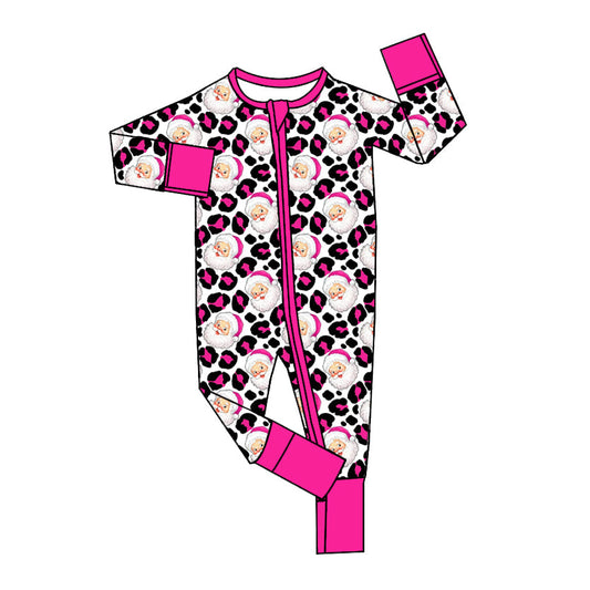 ( Moq 5 ) Preorder Baby Girl Long Sleeves Leopard Santa Zipper Christmas Romper