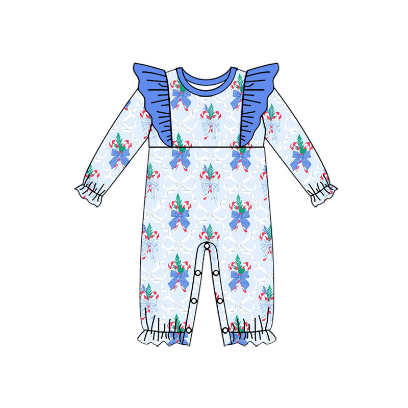 ( Moq 5 ) Preorder Baby Girl Long Sleeves Blue Bows Candy Cane Romper