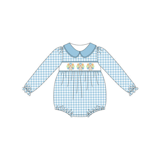( Moq 5 ) Preorder Baby Girl Long Sleeves turkey Blue Plaid Romper