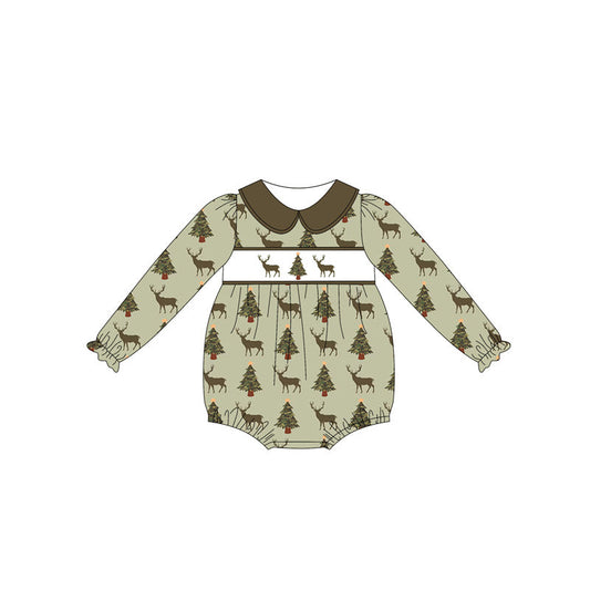 ( Moq 5 ) Preorder Baby Girl Long Sleeves Deer Trees Green Bubble Romper