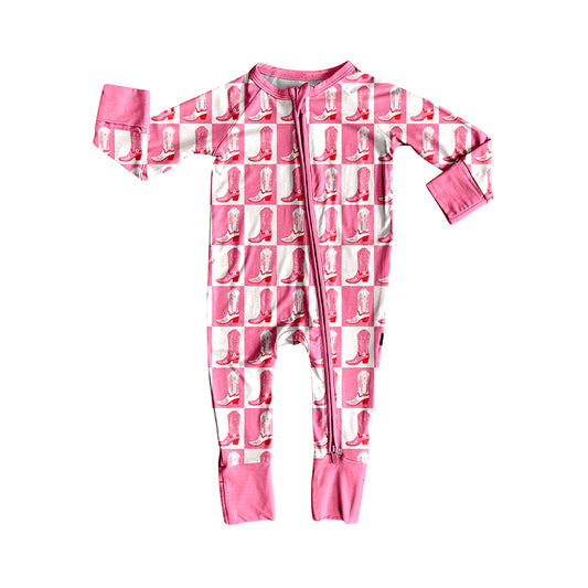 ( Moq 5 ) Preorder Baby Girl Long Sleeves Western Boots Zipper Pink Romper