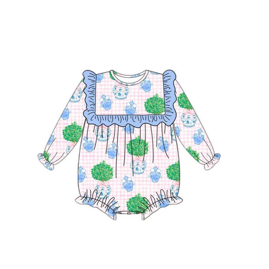 ( Moq 5 ) Preorder Baby Girl Long Sleeves Flower Plaid Bubble Romper