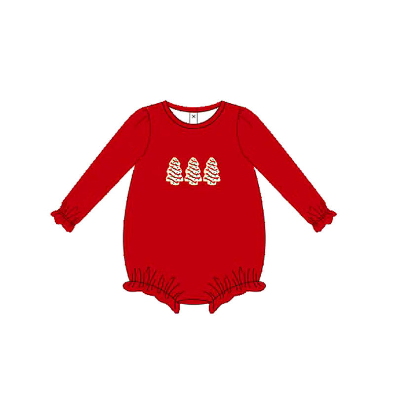 ( Moq 5 ) Preorder Baby Girl Red Long Sleeves Cake Trees Christmas Bubble Romper