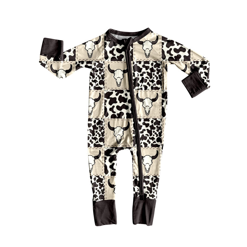 ( Moq 5 ) Preorder Baby Boy Infant Long Sleeves Western Cow Bull Skull Zipper Romper