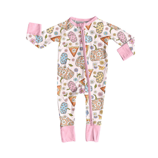 ( Moq 5 ) Preorder Baby Girl Long Sleeves Flower Pumpkins Fall Pink Zipper Romper
