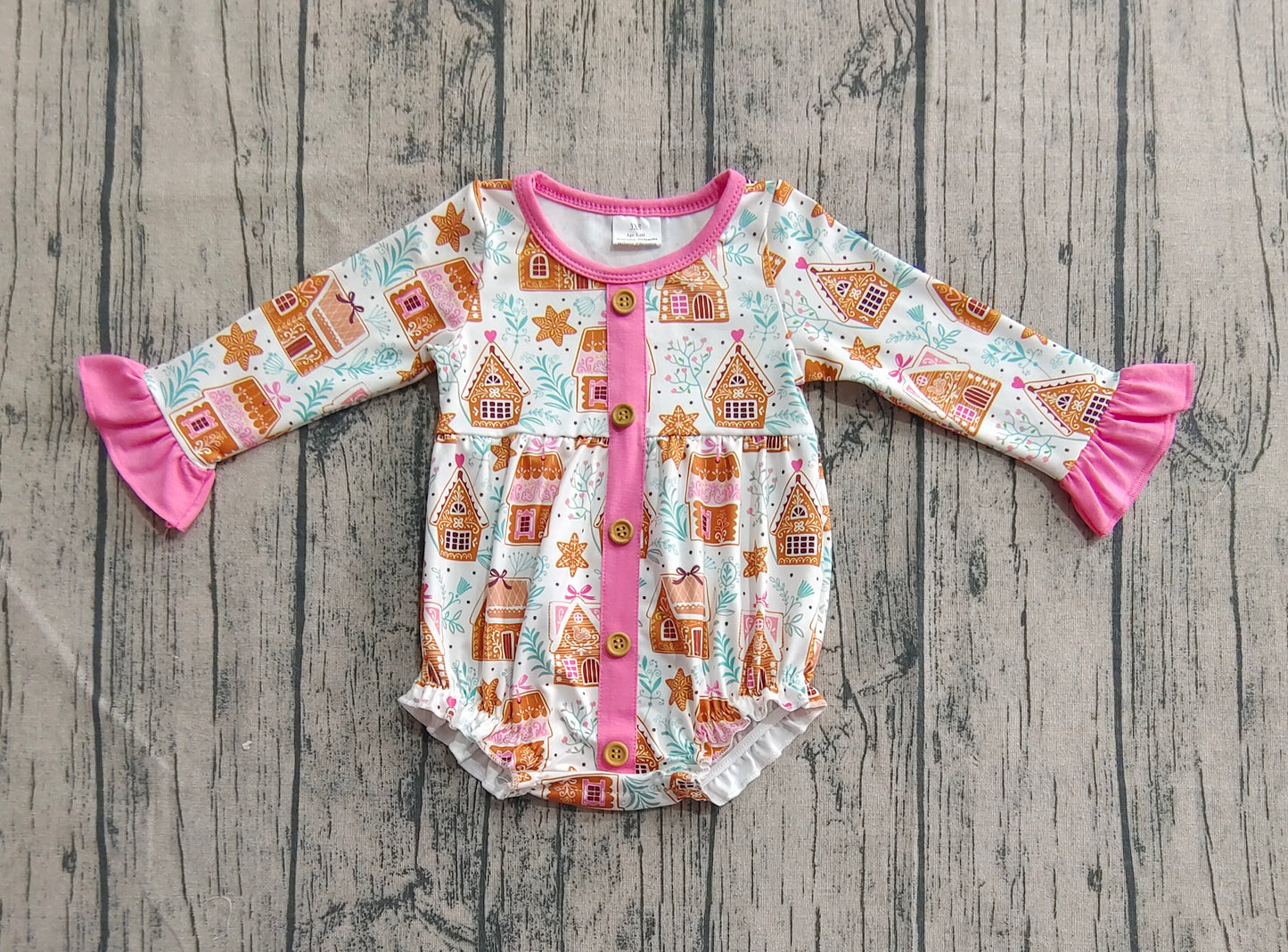 Baby Girl Long Sleeves Christmas Cake House Buttons Bubble Romper RTS