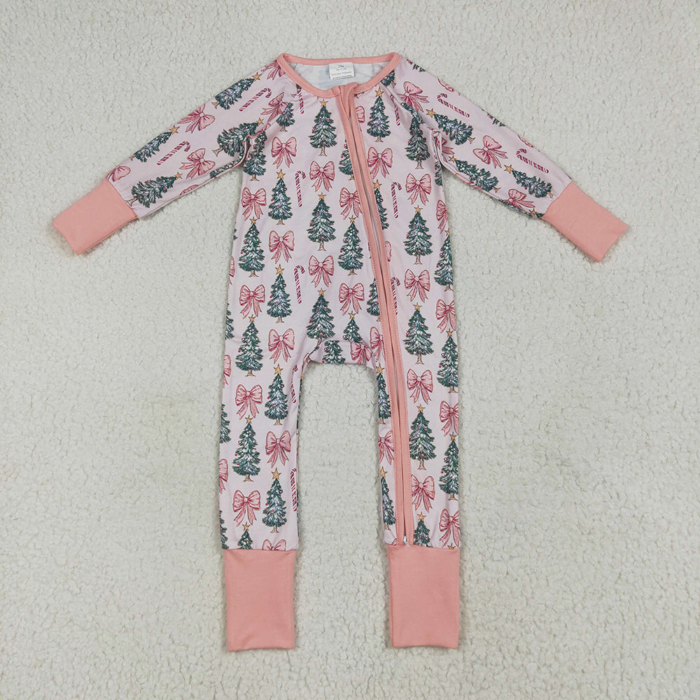 Baby Girl Long Sleeves Christmas Trees Pink Bows Sibling Romper Pajamas Set RTS