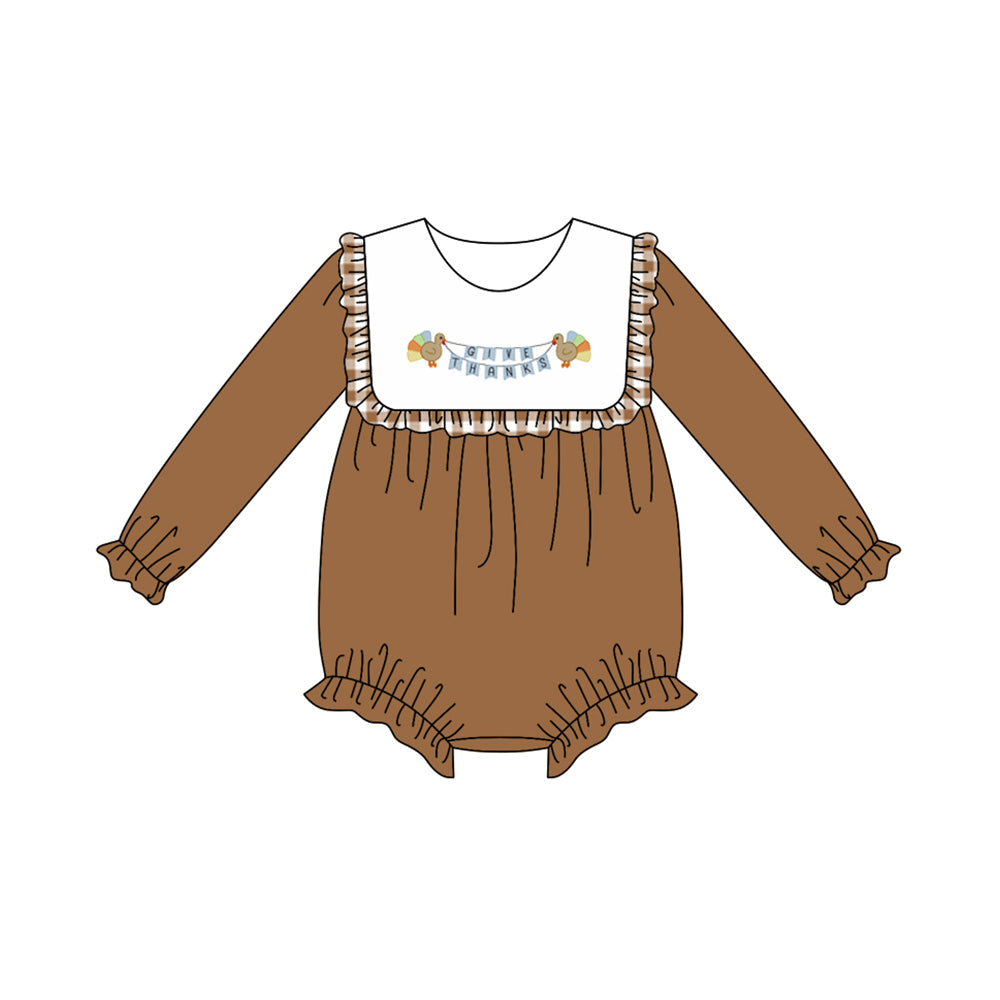 ( Moq 5 ) Preorder Baby Girl Brown Long Sleeves turkey Thanksgiving Bubble Romper