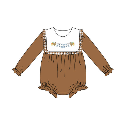 ( Moq 5 ) Preorder Baby Girl Brown Long Sleeves turkey Thanksgiving Bubble Romper