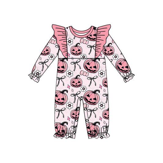 ( Moq 5 ) Preorder Baby Girl Long Sleeves Pumpkin Flower Bows Halloween Romper