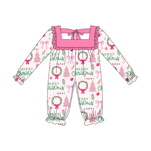 ( Moq 5 ) Preorder Baby Girl Long Sleeves Merry Christmas Trees Bows Ruffle Romper