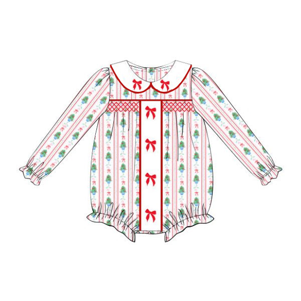 ( Moq 5 ) Preorder Baby Girl Long Sleeves Tree Bows Christmas Bubble Romper