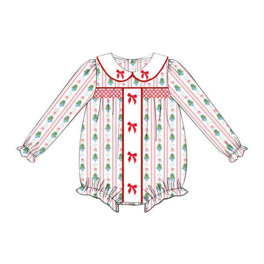( Moq 5 ) Preorder Baby Girl Long Sleeves Tree Bows Christmas Bubble Romper